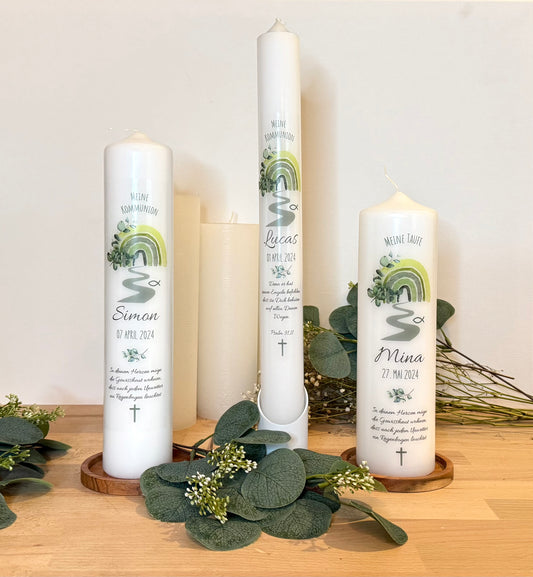 Kommunionskerze Taufkerze Eukalyptus Regenbogen personalisiert | Kerze zur Kommunion & Konfirmation Taufe |Für Jungen/ Mädchen Kommunionkerze Patenkerze