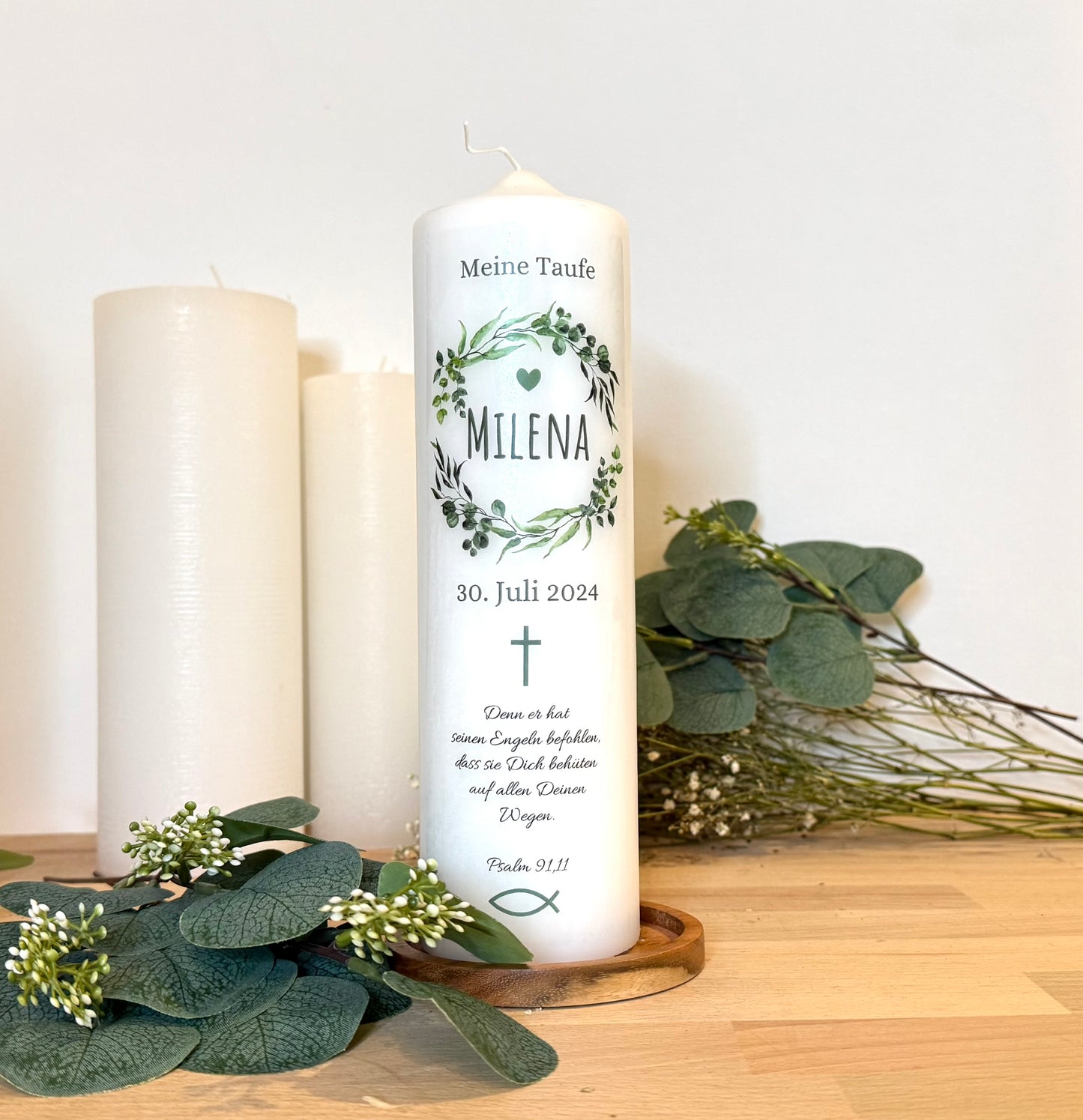 Kommunionskerze Taufkerze  Eukalyptus Kranz personalisiert | Kerze zur Kommunion & Konfirmation Taufe |Für Jungen/ Mädchen Kommunionkerze Patenkerze