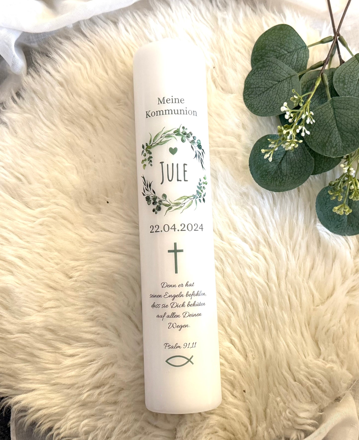 Kommunionskerze Taufkerze  Eukalyptus Kranz personalisiert | Kerze zur Kommunion & Konfirmation Taufe |Für Jungen/ Mädchen Kommunionkerze Patenkerze