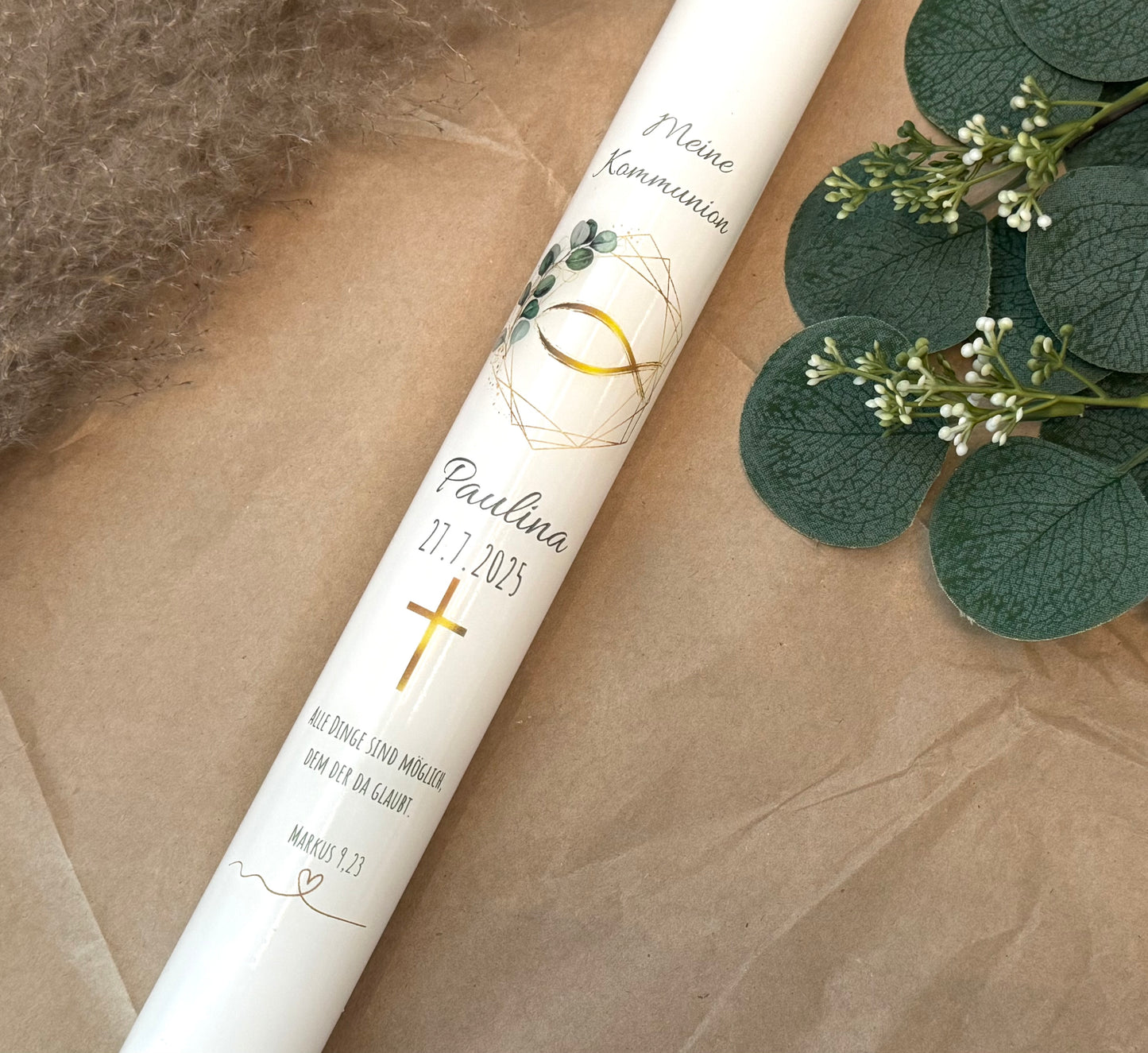 Kommunionskerze Taufkerze Eukalyptus Kranz Fisch Gold personalisiert | Kerze zur Kommunion & Konfirmation Taufe |Für Jungen/ Mädchen Kommunionkerze Patenkerze