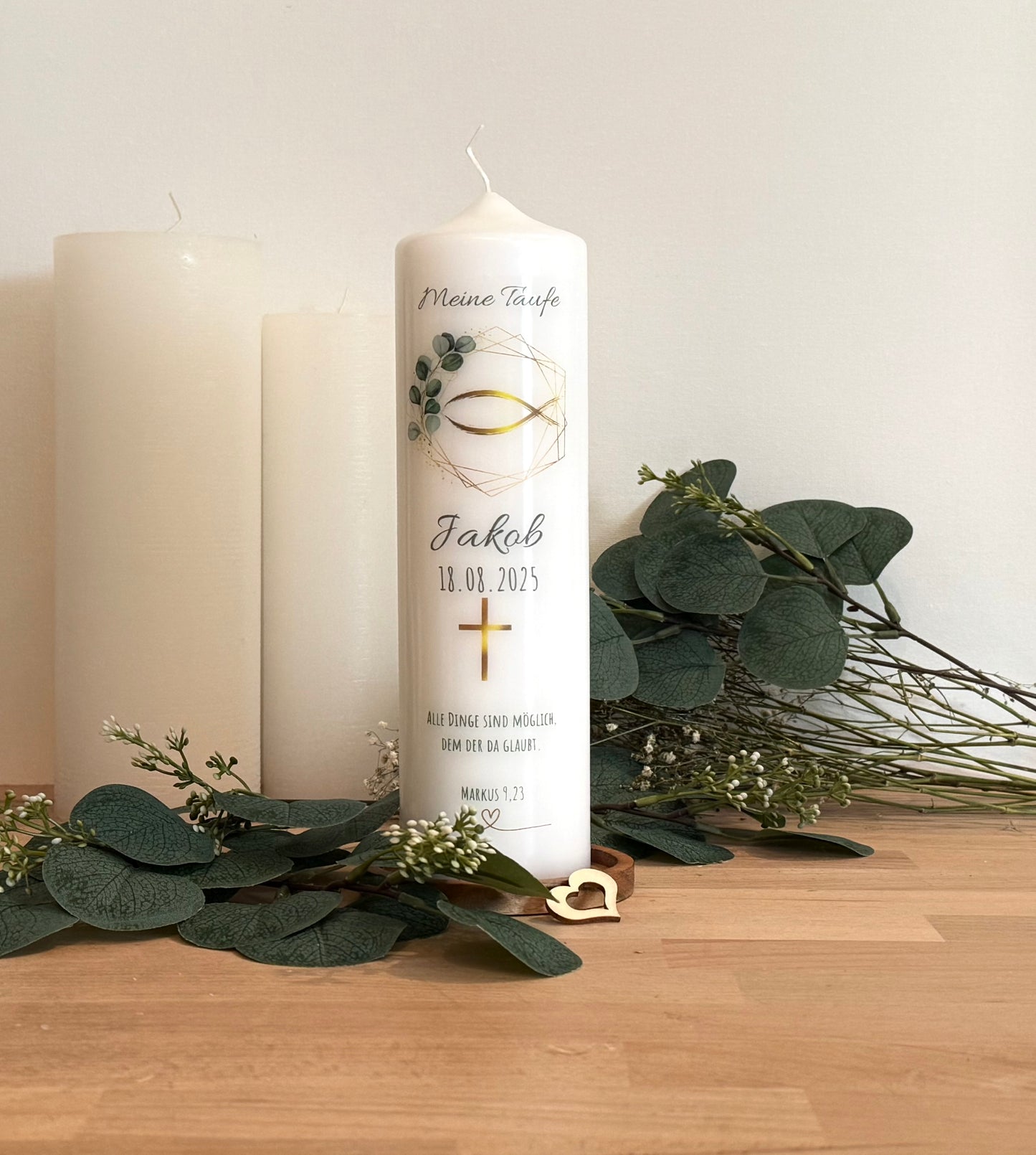 Kommunionskerze Taufkerze Eukalyptus Kranz Fisch Gold personalisiert | Kerze zur Kommunion & Konfirmation Taufe |Für Jungen/ Mädchen Kommunionkerze Patenkerze
