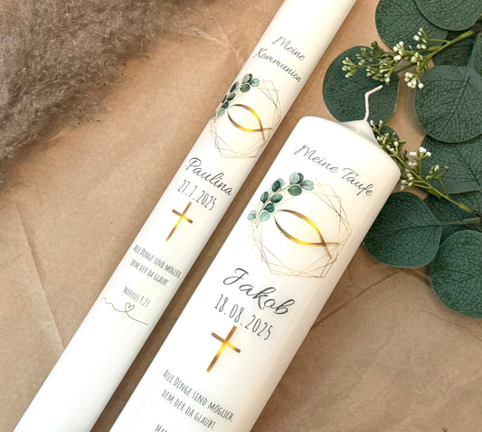 Kommunionskerze Taufkerze Eukalyptus Kranz Fisch Gold personalisiert | Kerze zur Kommunion & Konfirmation Taufe |Für Jungen/ Mädchen Kommunionkerze Patenkerze