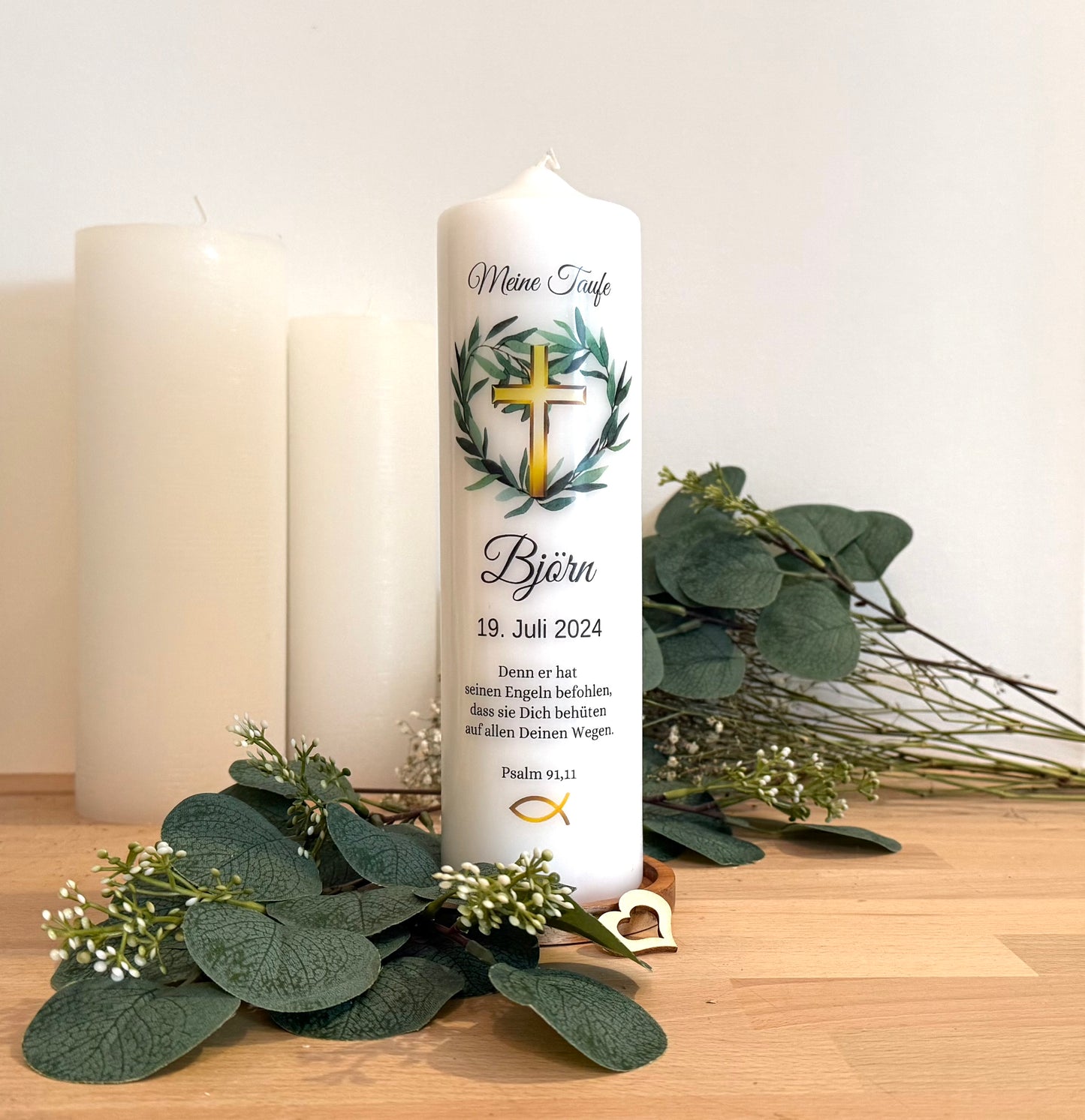 Kommunionskerze Taufkerze Eukalyptus Kreuz Gold personalisiert | Kerze zur Kommunion & Konfirmation Taufe |Für Jungen/ Mädchen Kommunionkerze Patenkerze
