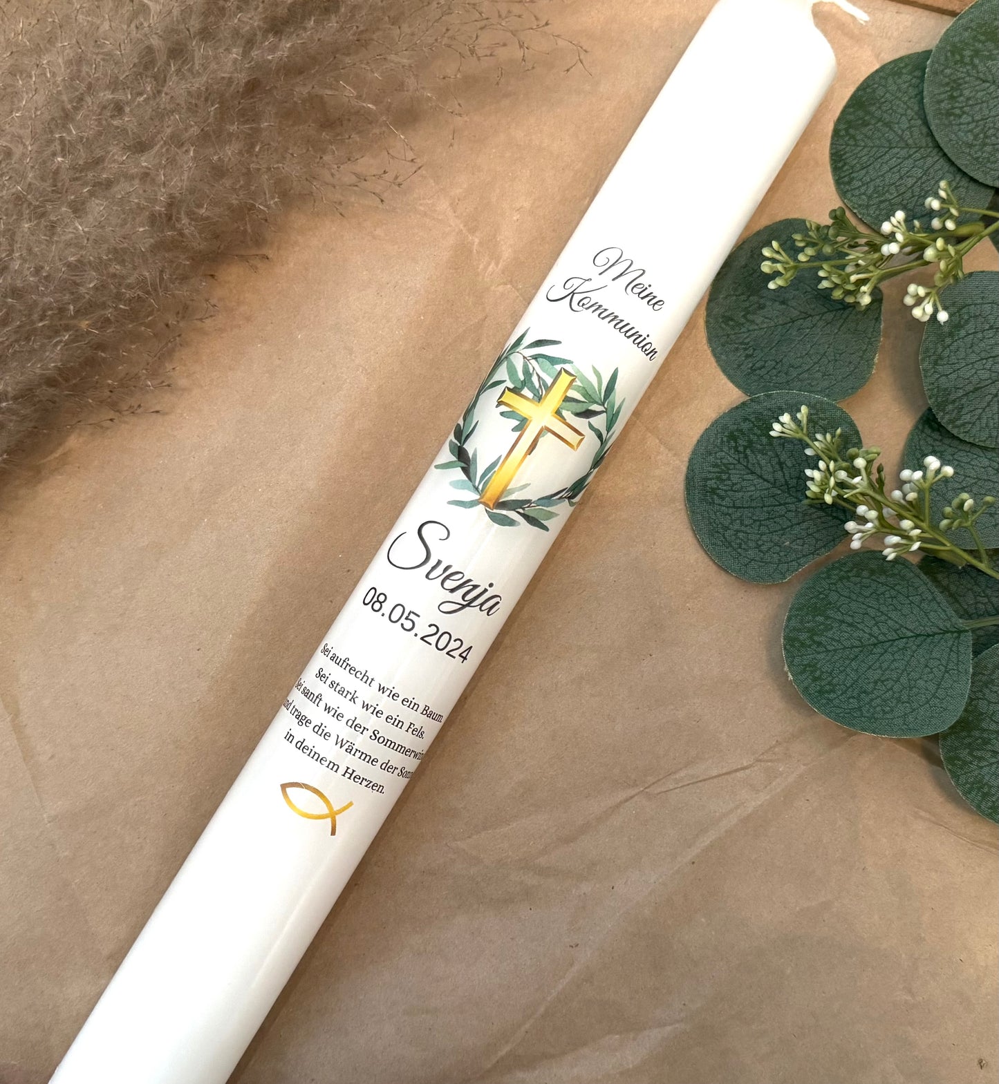 Kommunionskerze Taufkerze Eukalyptus Kreuz Gold personalisiert | Kerze zur Kommunion & Konfirmation Taufe |Für Jungen/ Mädchen Kommunionkerze Patenkerze