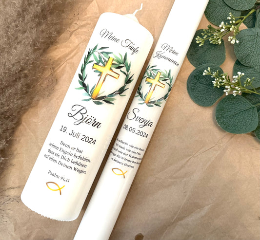 Kommunionskerze Taufkerze Eukalyptus Kreuz Gold personalisiert | Kerze zur Kommunion & Konfirmation Taufe |Für Jungen/ Mädchen Kommunionkerze Patenkerze