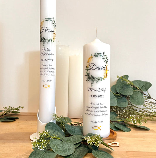 Kommunionskerze Taufkerze Eukalyptus  personalisiert | Kerze zur Kommunion & Konfirmation Taufe |Für Jungen/ Mädchen Kommunionkerze Patenkerze (Kopie)