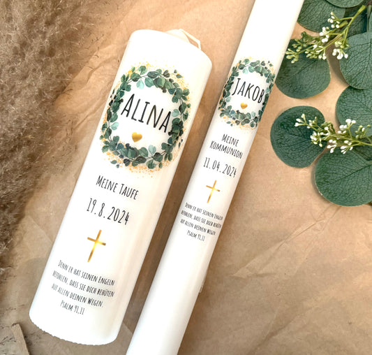 Kommunionskerze Taufkerze Eukalyptus Kreuz Gold personalisiert | Kerze zur Kommunion & Konfirmation Taufe |Für Jungen/ Mädchen Kommunionkerze Patenkerze
