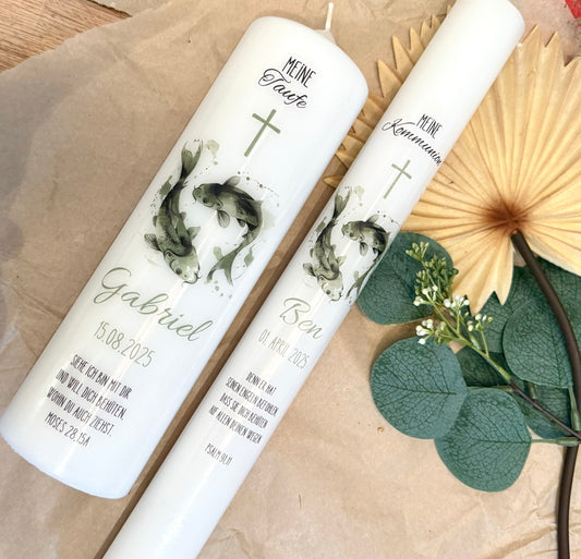 Kommunionskerze Taufkerze Fisch personalisiert | Kerze zur Kommunion & Konfirmation Taufe |Für Jungen/ Mädchen Kommunionkerze Patenkerze