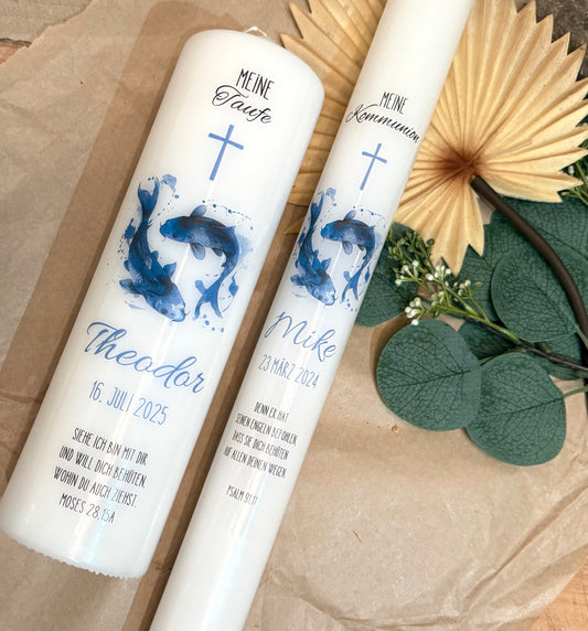 Kommunionskerze Taufkerze Fisch personalisiert | Kerze zur Kommunion & Konfirmation Taufe |Für Jungen/ Mädchen Kommunionkerze Patenkerze