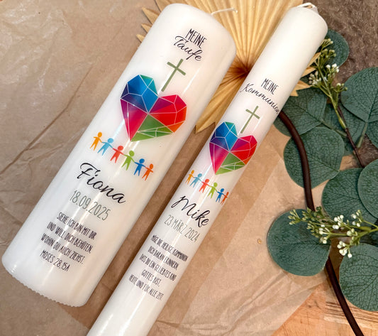 Kommunionskerze Taufkerze Herz Bunt Freunde Freundschaft Gold personalisiert | Kerze zur Kommunion & Konfirmation Taufe |Für Jungen/ Mädchen Kommunionkerze Patenkerze