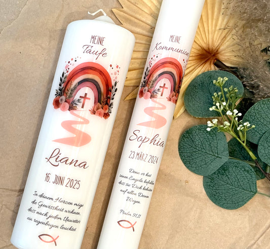 Kommunionskerze Regenbogen Taufkerze personalisiert | Kerze zur Kommunion & Konfirmation Taufe |Für  Mädchen Kommunionkerze Patenkerze