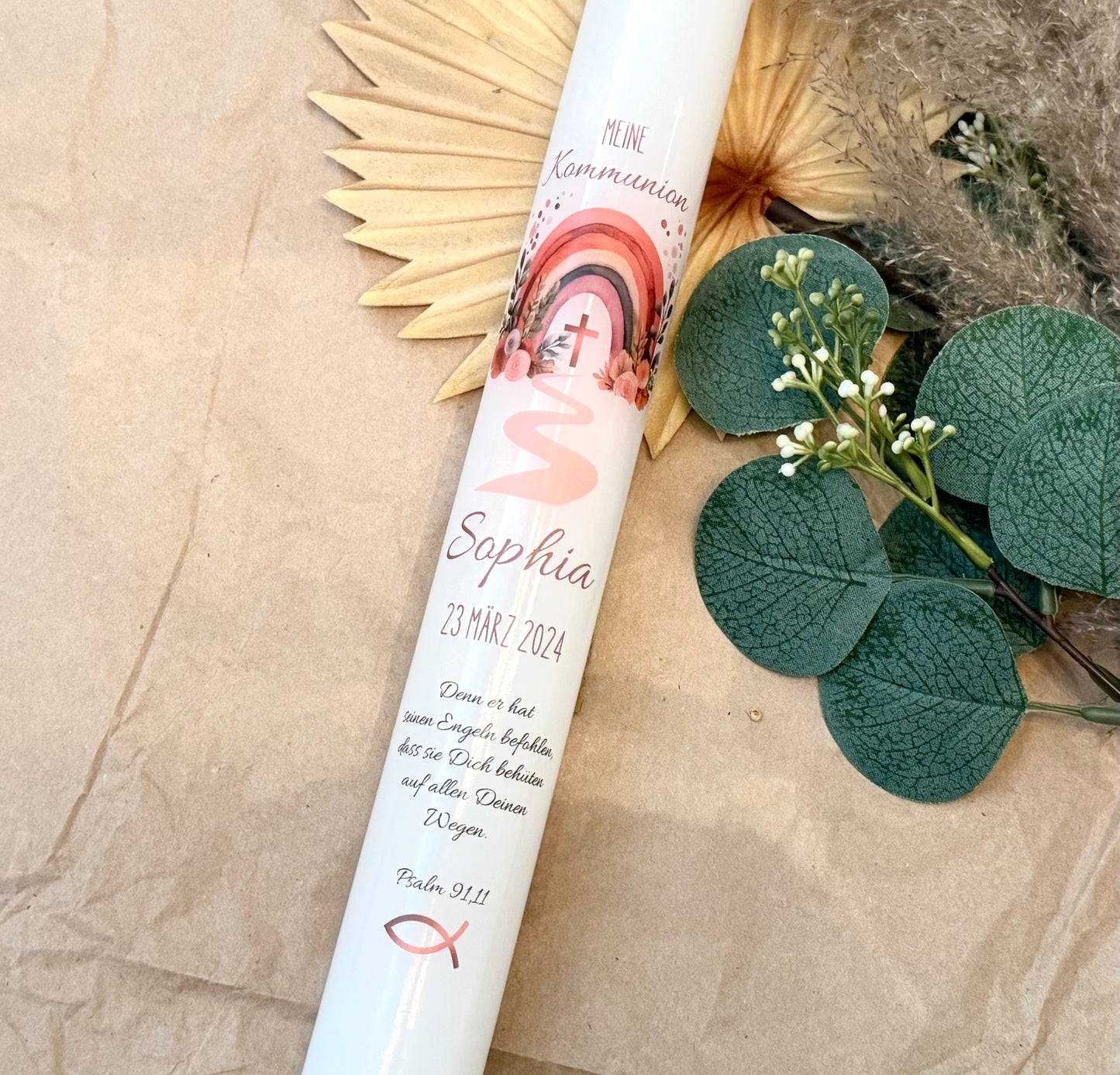 Kommunionskerze Regenbogen Taufkerze personalisiert | Kerze zur Kommunion & Konfirmation Taufe |Für  Mädchen Kommunionkerze Patenkerze