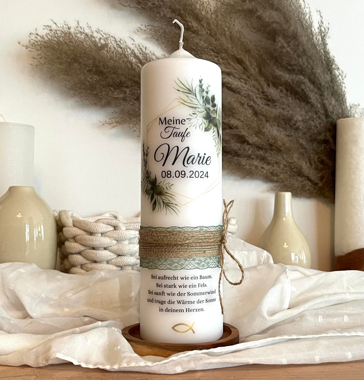 Taufkerze Eukalyptus - Kranz Für Jungen und  Mädchen Mit Bändchen