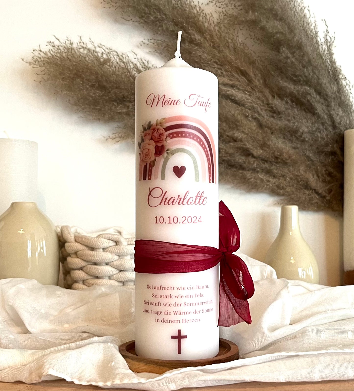 Taufkerze Regenbogen  Floral Blumen Rosa Rot Christlich Für  Jungen und Mädchen
