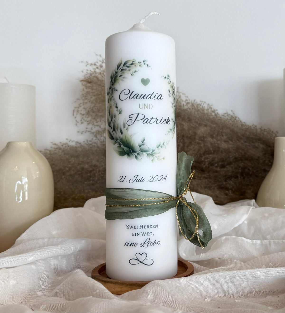 Hochzeitskerze Eukalyptus Blumen- Kranz Personalisiert