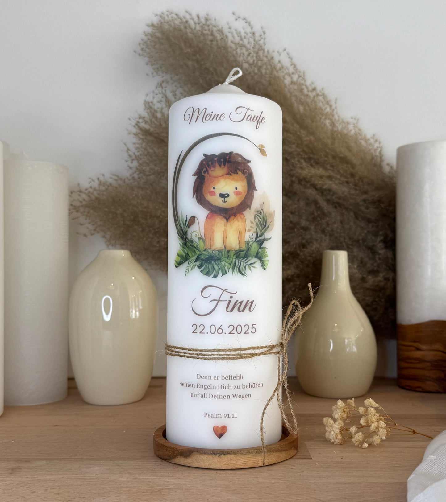 Taufkerze Löwe mit Blätterkranz Für Jungen und  Mädchen