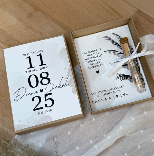 Personalisiertes Geldgeschenk zur Hochzeit-– Geschenkbox mit Reagenzglas &  im Boho-Stil – Hochzeitsgeschenk für Brautpaar