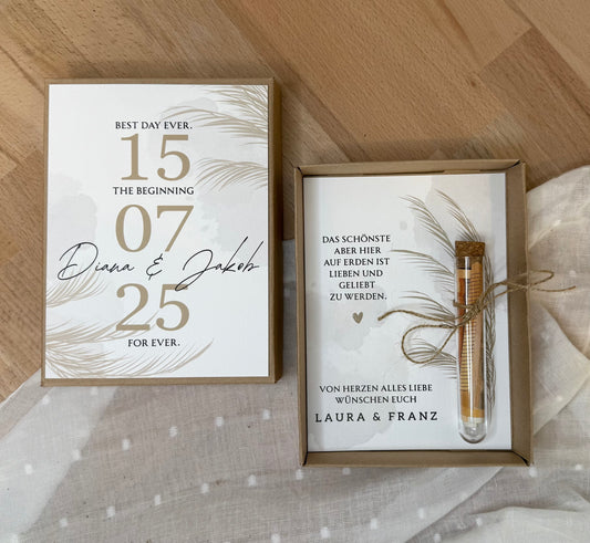 Personalisiertes Geldgeschenk zur Hochzeit-– Geschenkbox mit Reagenzglas &  im Boho-Stil – Hochzeitsgeschenk für Brautpaar