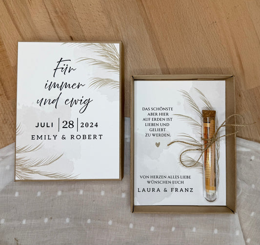 Personalisiertes Geldgeschenk zur Hochzeit-– Geschenkbox mit Reagenzglas &  im Boho-Stil – Hochzeitsgeschenk für Brautpaar