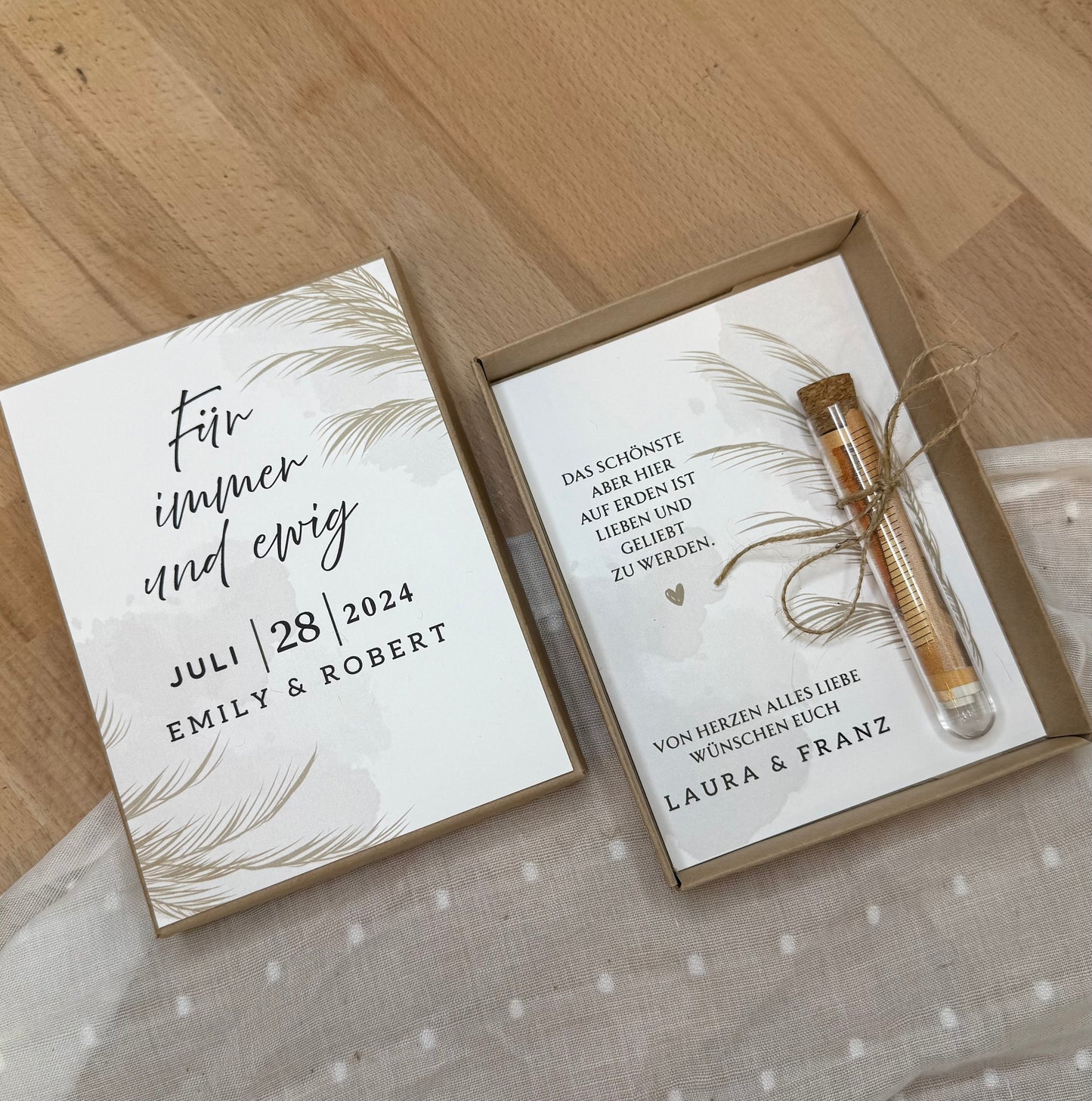 Personalisiertes Geldgeschenk zur Hochzeit-– Geschenkbox mit Reagenzglas &  im Boho-Stil – Hochzeitsgeschenk für Brautpaar