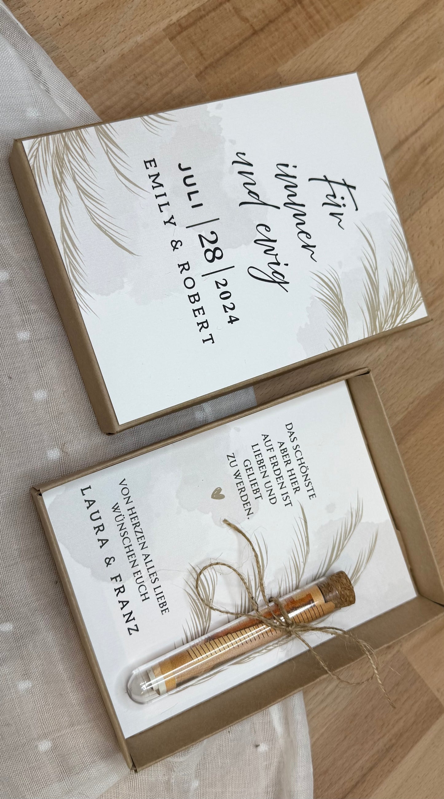 Personalisiertes Geldgeschenk zur Hochzeit-– Geschenkbox mit Reagenzglas &  im Boho-Stil – Hochzeitsgeschenk für Brautpaar