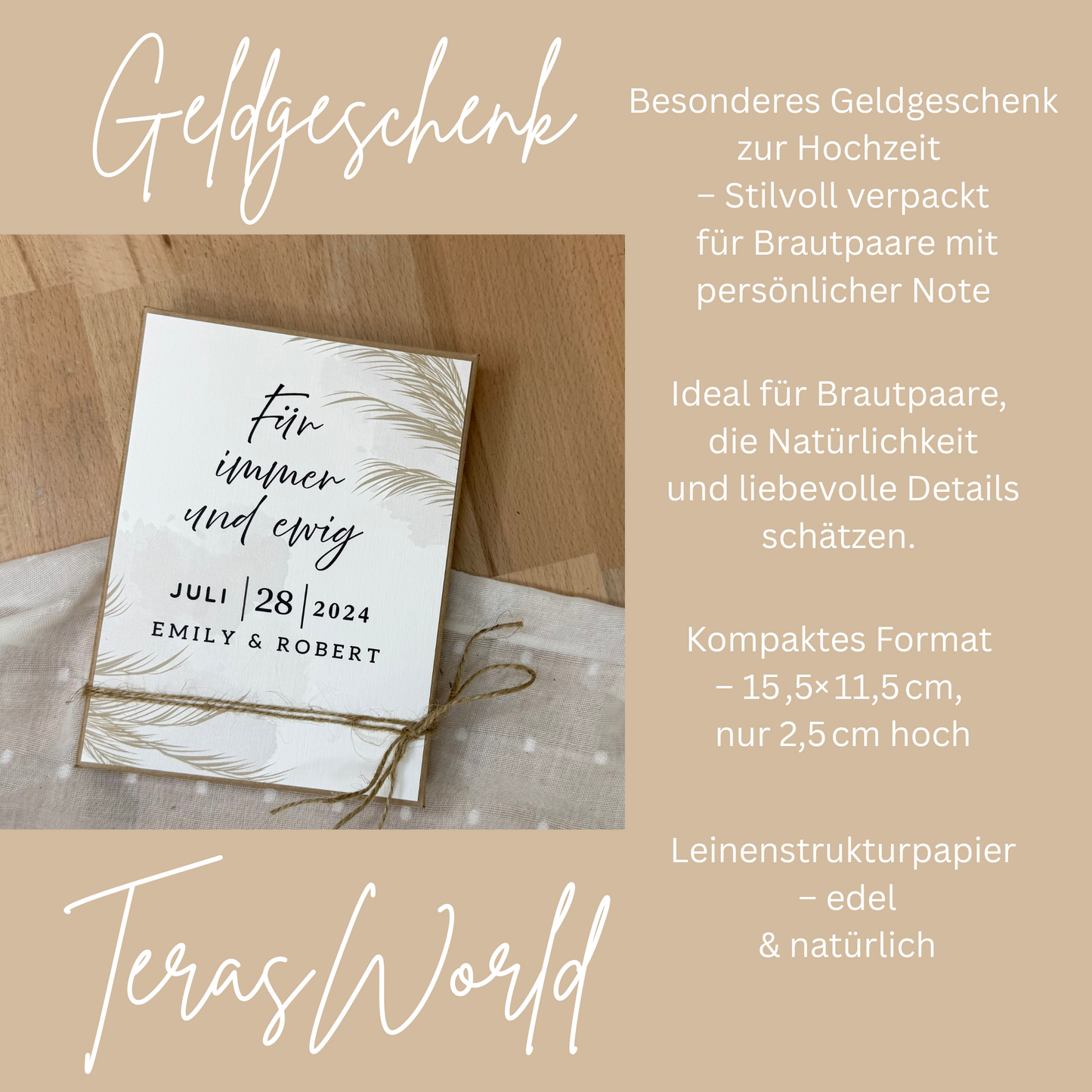 Personalisiertes Geldgeschenk zur Hochzeit-– Geschenkbox mit Reagenzglas &  im Boho-Stil – Hochzeitsgeschenk für Brautpaar