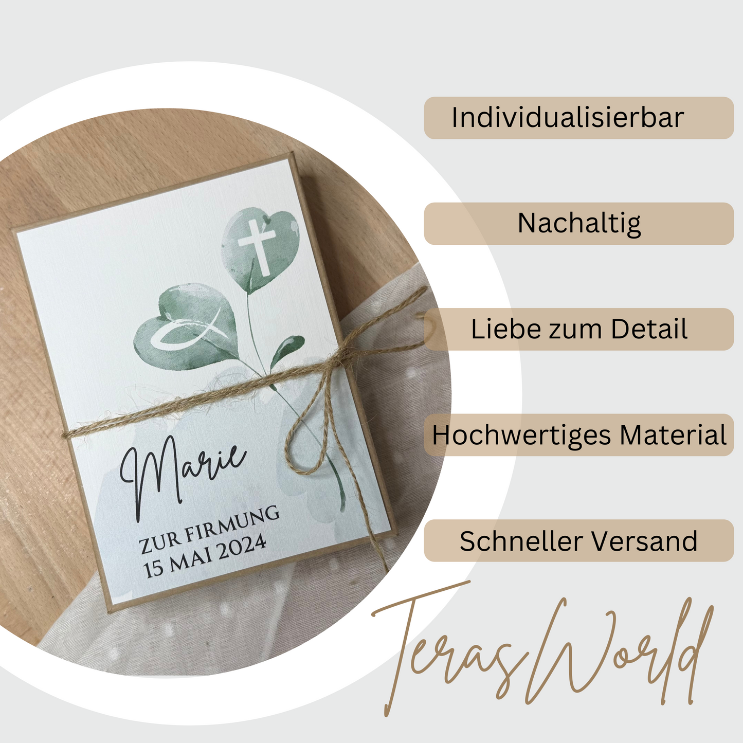 Personalisiertes Geldgeschenk Fisch Taube zur Firmung, Kommunion, Konfirmation, Jugendweihe – Geschenkbox mit Reagenzglas im Boho-Stil