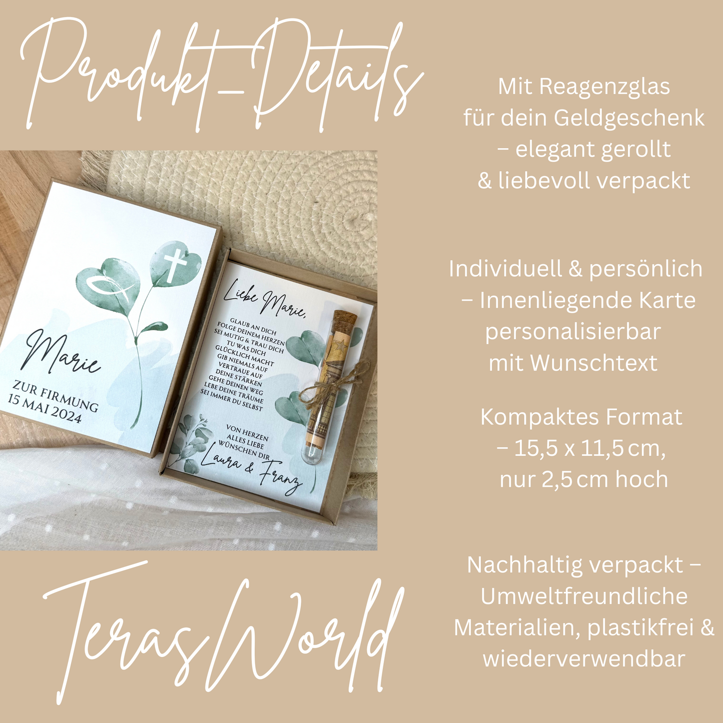 Personalisiertes Geldgeschenk Fisch Taube zur Firmung, Kommunion, Konfirmation, Jugendweihe – Geschenkbox mit Reagenzglas im Boho-Stil