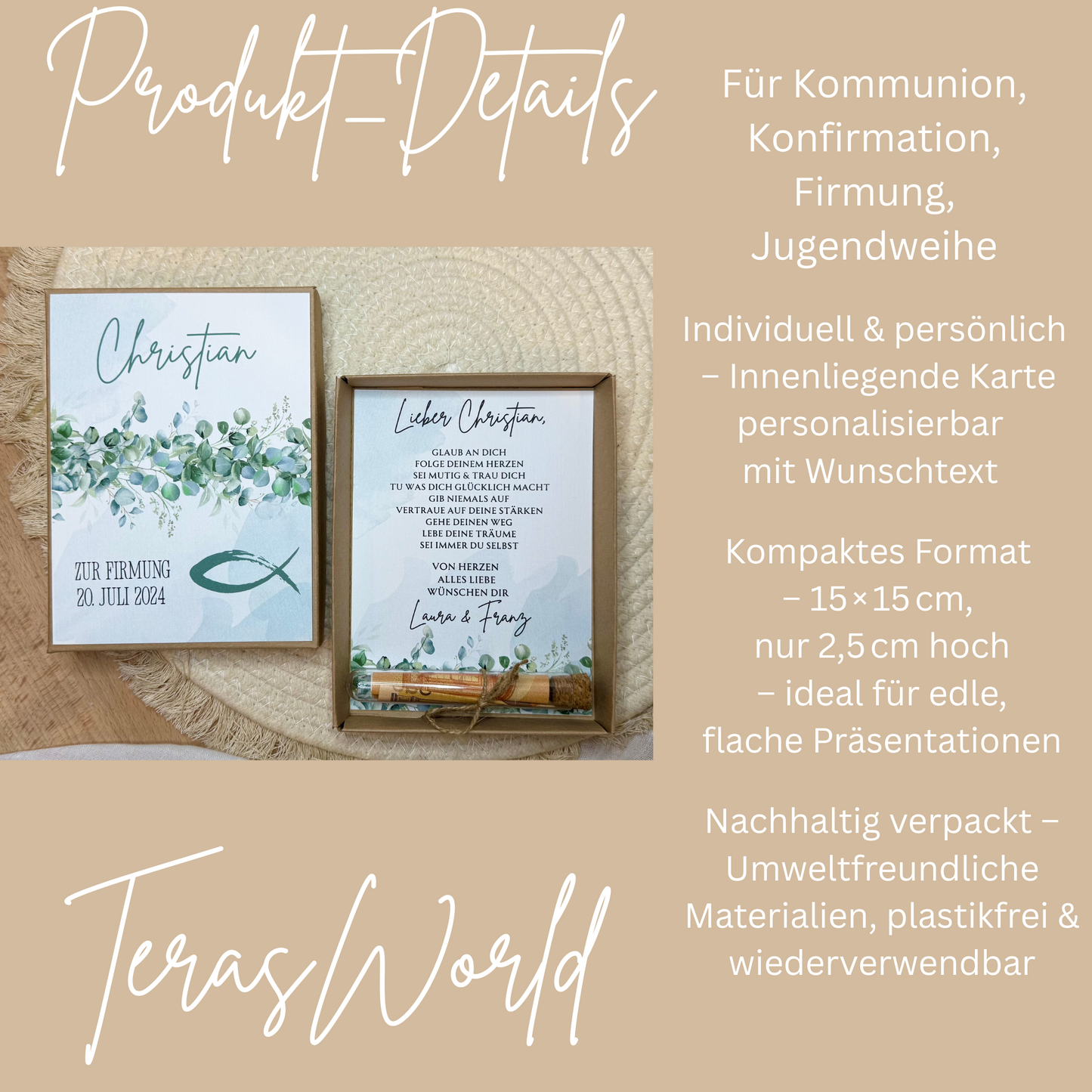 Personalisiertes Geldgeschenk Fisch Taube zur Firmung, Kommunion, Konfirmation, Jugendweihe – Geschenkbox mit Reagenzglas im Boho-Stil