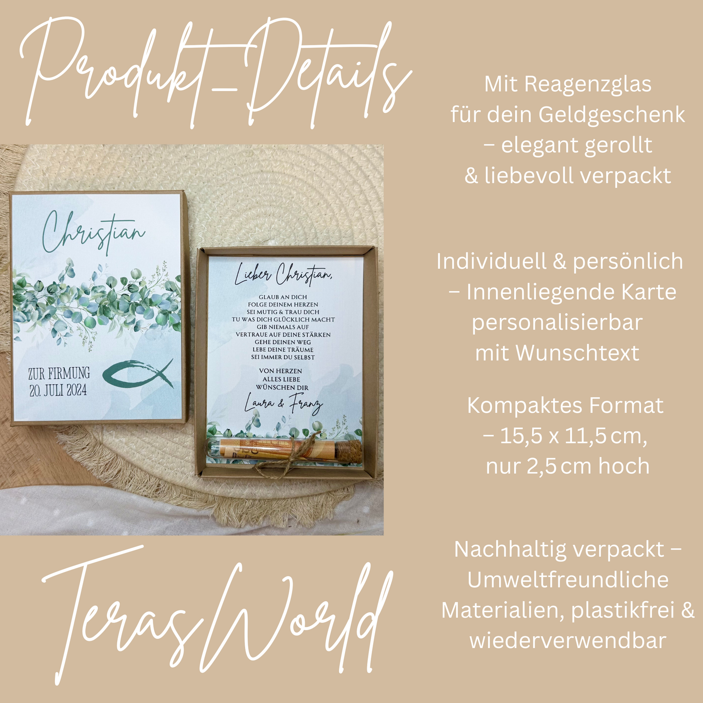 Personalisiertes Geldgeschenk Fisch Taube zur Firmung, Kommunion, Konfirmation, Jugendweihe – Geschenkbox mit Reagenzglas im Boho-Stil