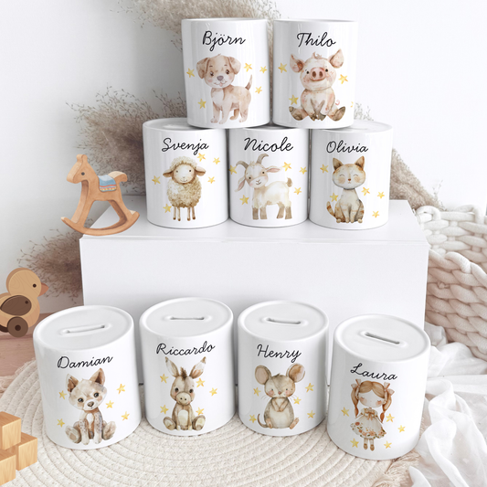 Personalisierte Spardose Kind Geschenk Geburt Taufe Geburtstag Wal Auto Waldtiere Regenbogen Geldgeschenk Baby Kinder Keramik Sparbüchse