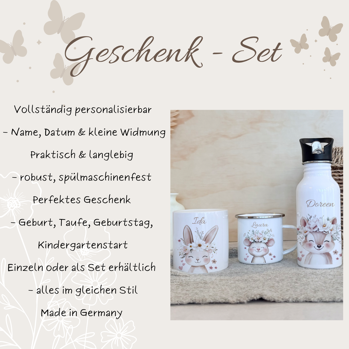 Personalisierte Kinder-Trinkflasche 500 ml | Edelstahl, Waldtier-Motive & Name | Geschenk zur Geburt, Taufe Geburtstag