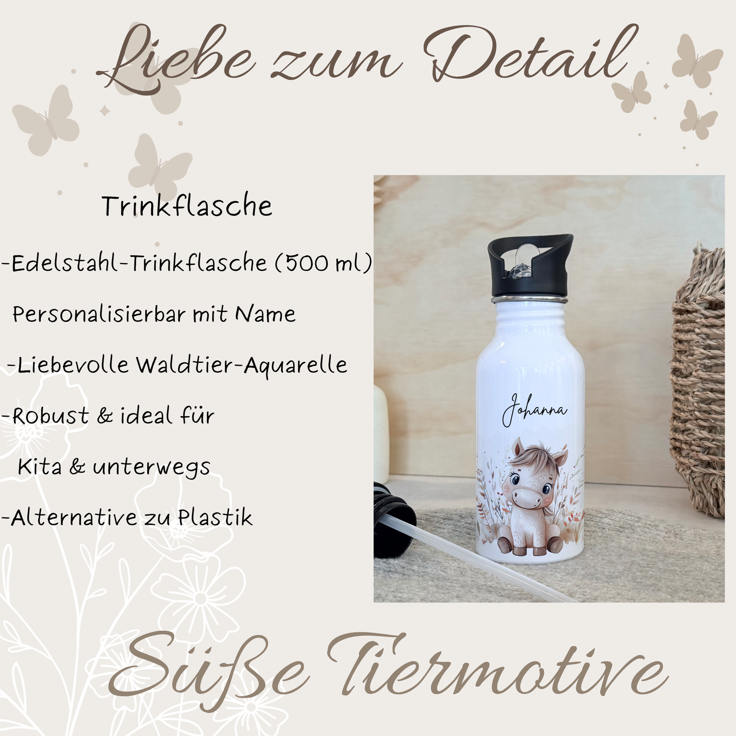 Personalisierte Kinder-Trinkflasche 500 ml | Edelstahl, Waldtier-Motive & Name | Geschenk zur Geburt, Taufe Geburtstag