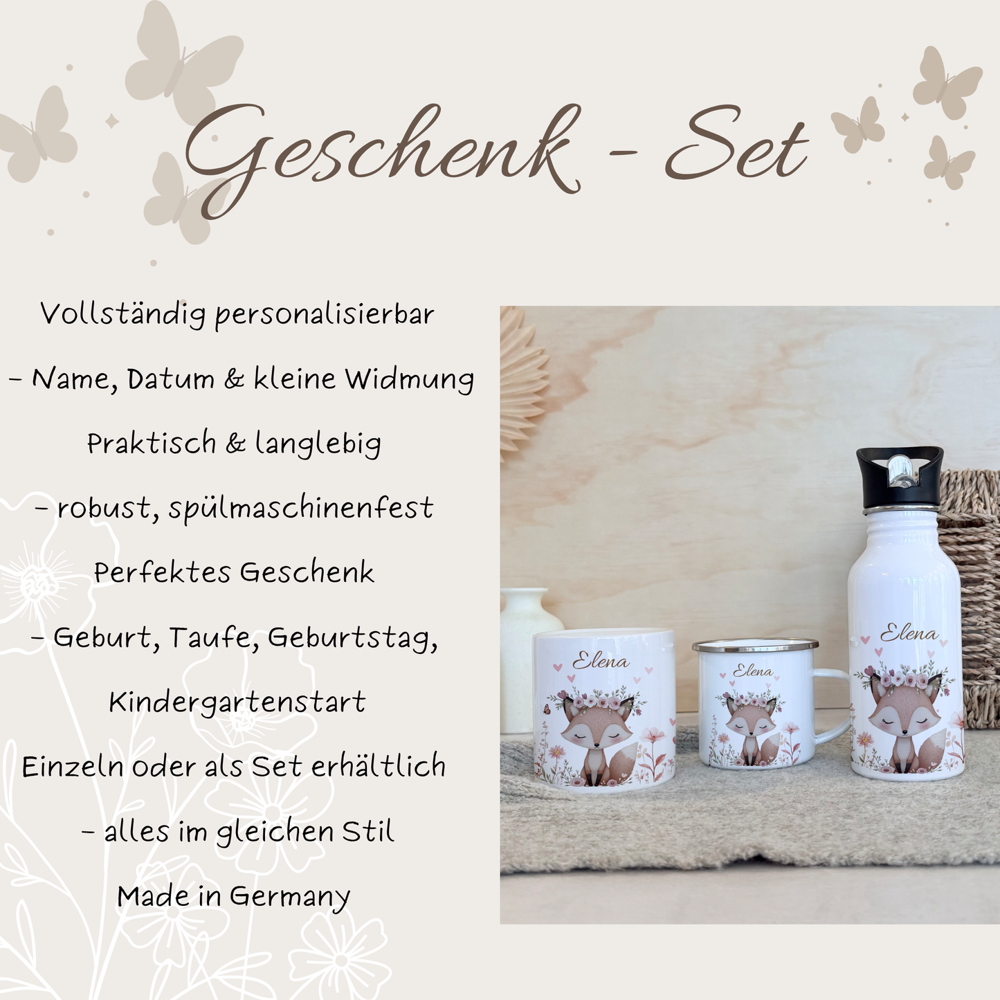 Geschenkset Personalisierte Kinder-Trinkflasche 500 ml Spardose Tasse Emaille