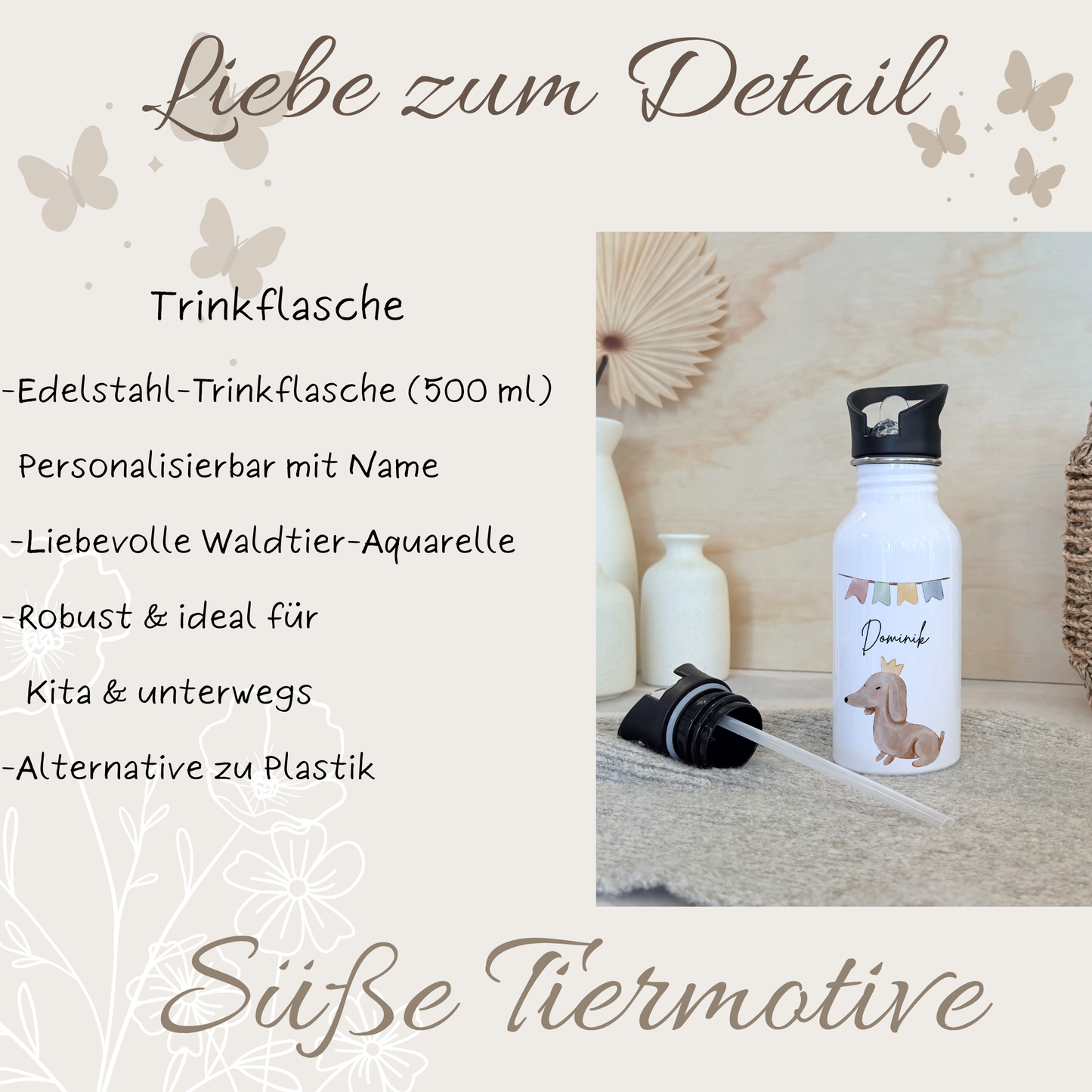 Personalisierte Kinder-Trinkflasche 500 ml | Edelstahl, Süße Tiere & Name | Geschenk zur Geburt, Taufe Geburtstag