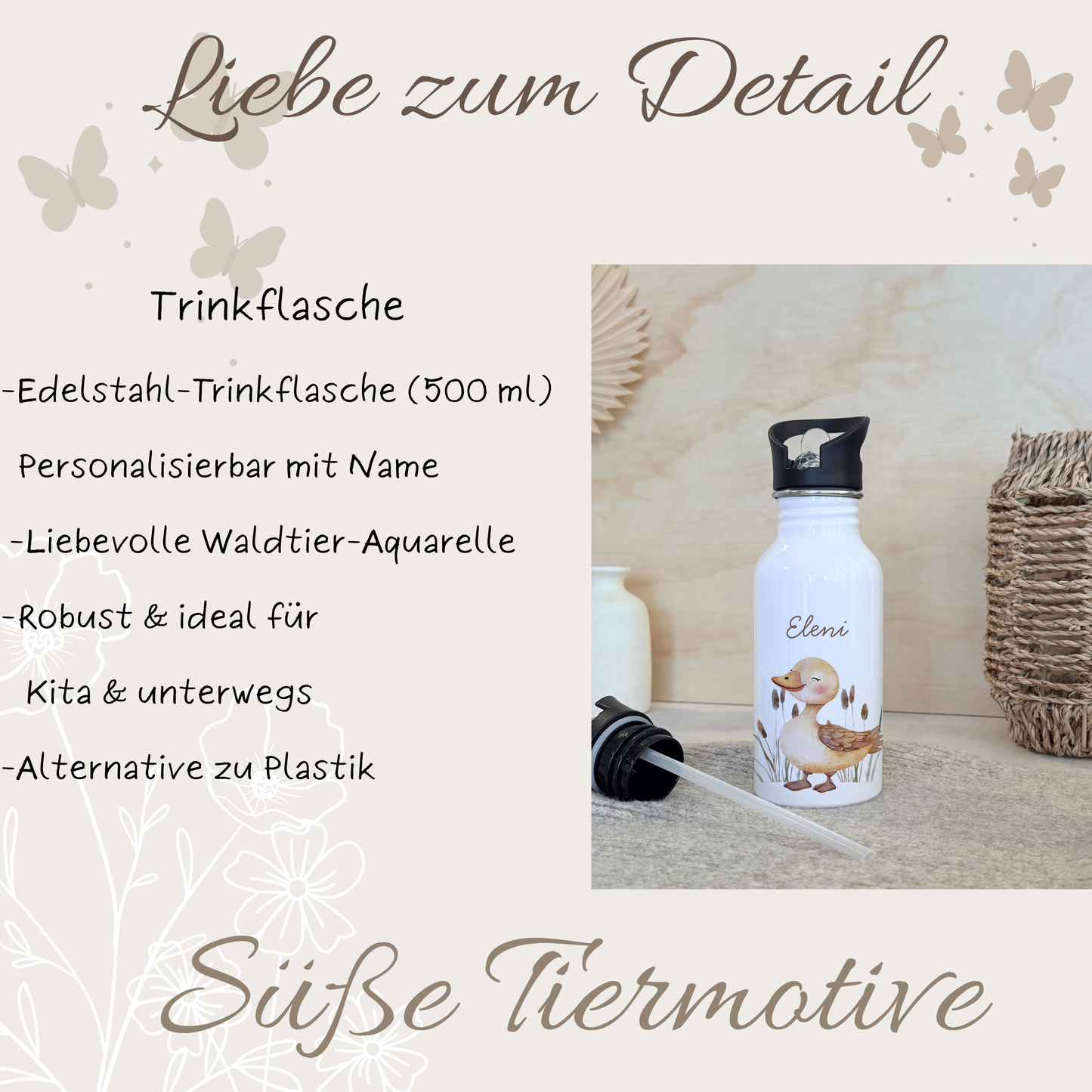 Personalisierte Kinder-Trinkflasche 500 ml | Edelstahl, Süße Tiere, Bauernhof Tiere & Name | Geschenk zur Geburt, Taufe Geburtstag