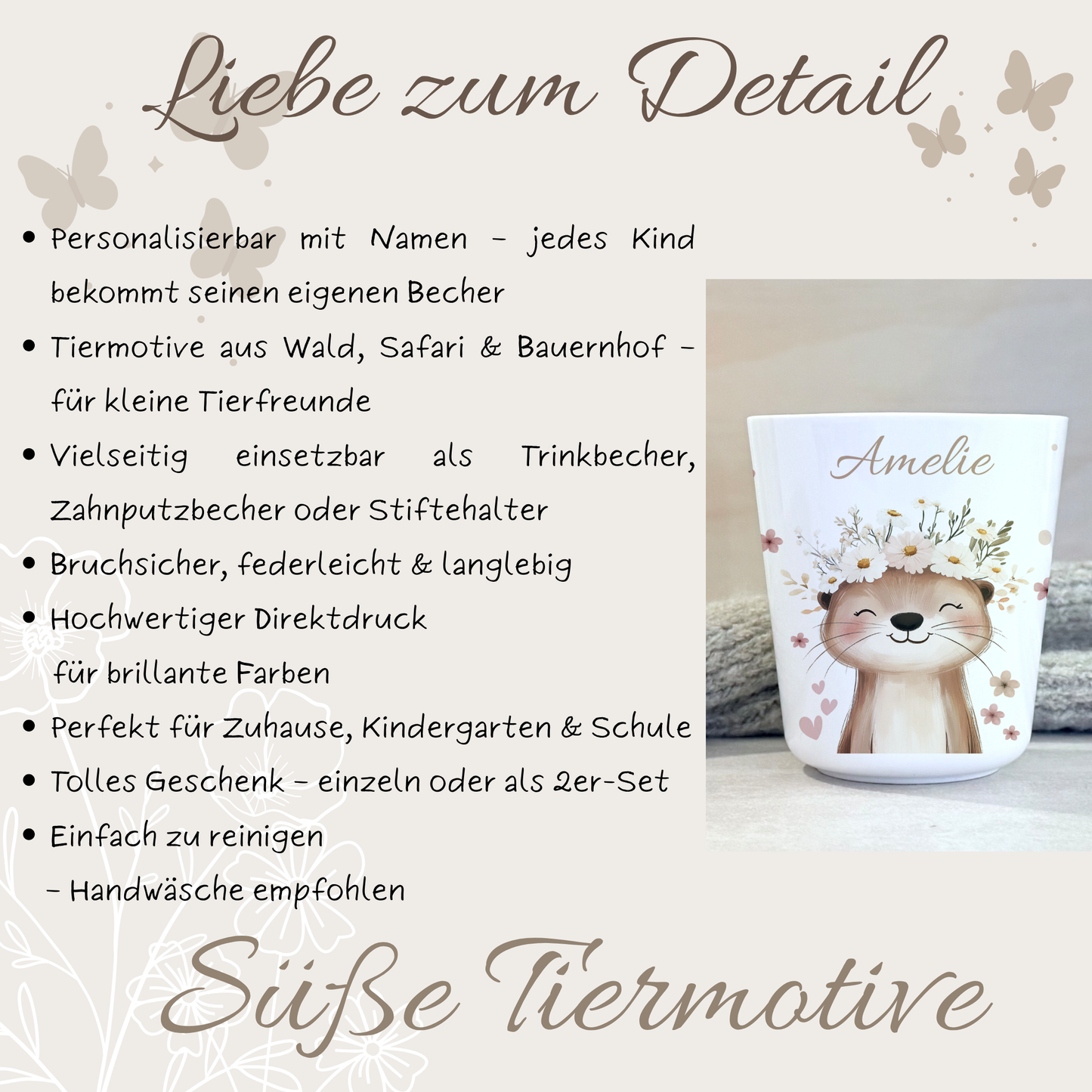 Kinderbecher Tiere, Trinkbecher aus Kunststoff, personalisiert mit Namen,Kindergartenkinder, Zahnputzbecher