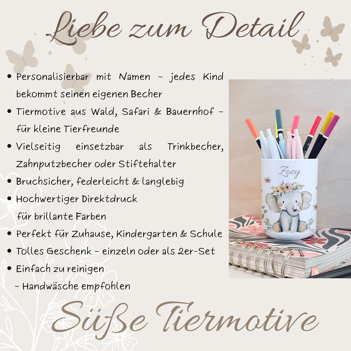 Kinderbecher Tiere, Trinkbecher aus Kunststoff, personalisiert mit Namen,Kindergartenkinder, Zahnputzbecher