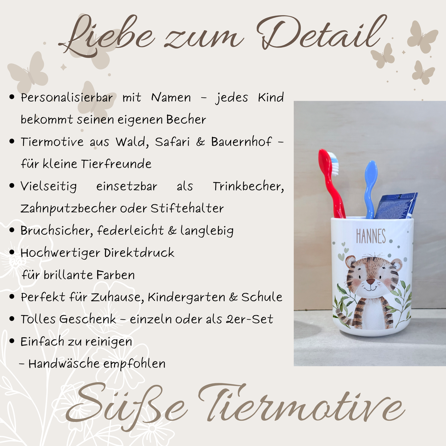 Kinderbecher Tiere, Trinkbecher aus Kunststoff, personalisiert mit Namen,Kindergartenkinder, Zahnputzbecher