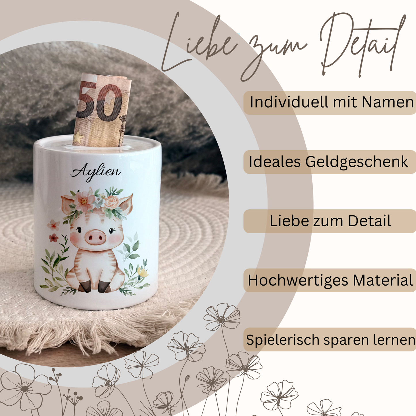 Personalisierte Spardose Kind 006 Geschenk Geburt Taufe Geburtstag Waldtiere Geldgeschenk Baby Kinder Keramik Sparbüchse