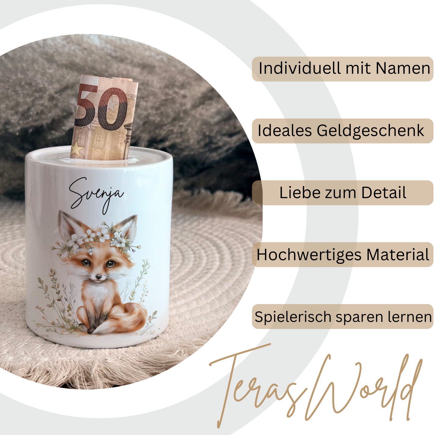 Personalisierte Spardose Kind Geschenk Geburt Taufe Geburtstag Wal Auto Waldtiere Regenbogen Geldgeschenk Baby Kinder Keramik Sparbüchse