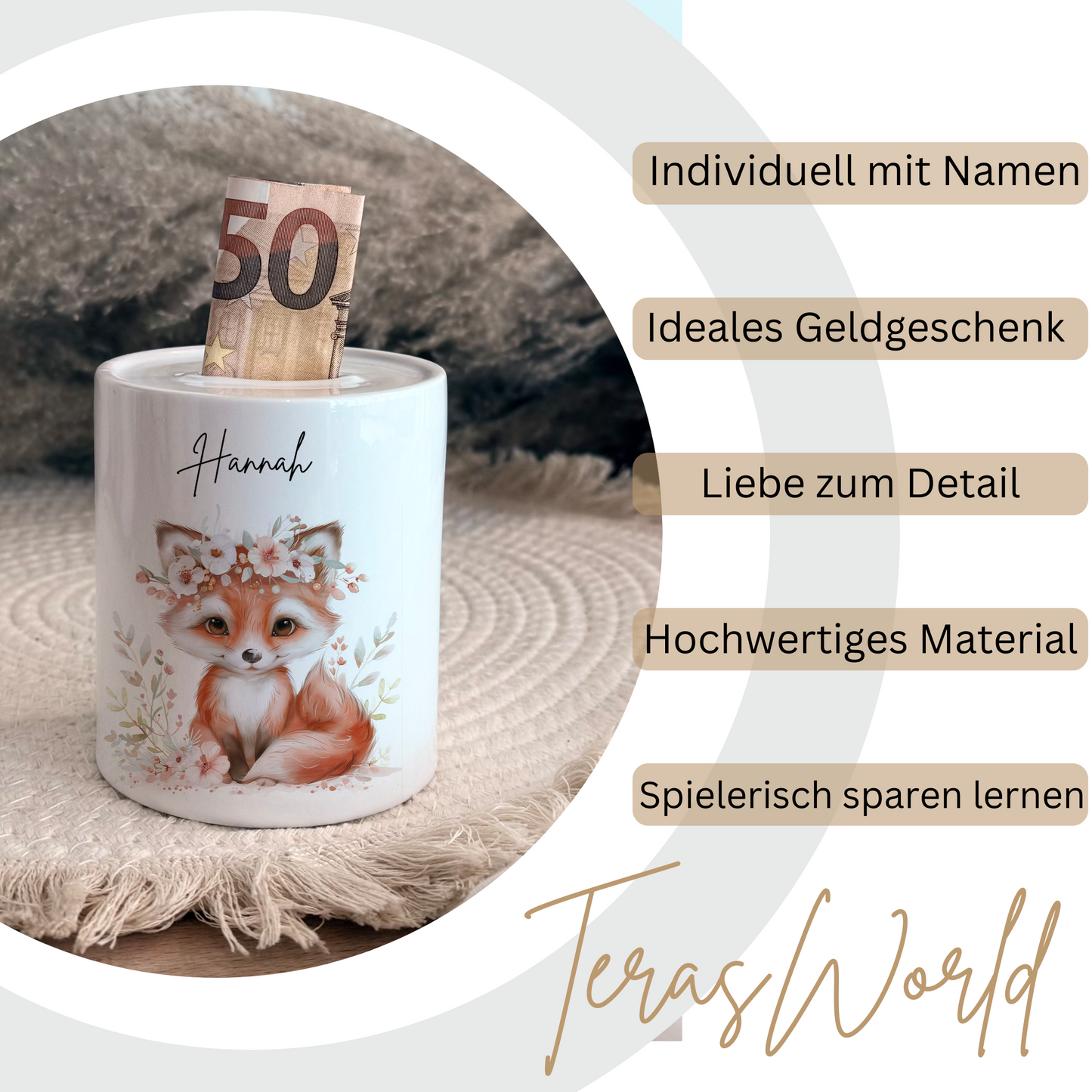 Personalisierte Spardose Kind Geschenk Geburt Taufe Geburtstag Waldtiere Geldgeschenk Baby Kinder Keramik Sparbüchse