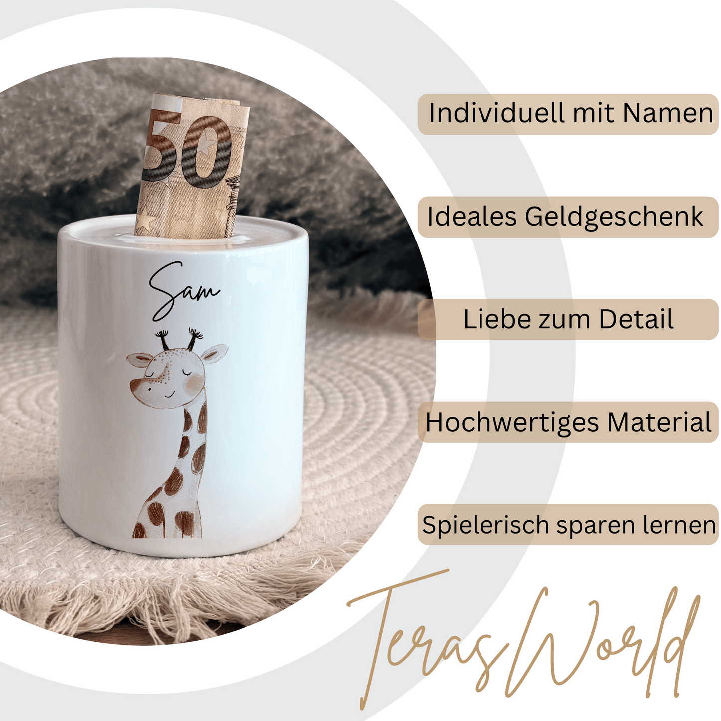 Personalisierte Spardose Kind Geschenk Geburt Taufe Geburtstag Safaritiere Waldtiere Geldgeschenk Baby Kinder Keramik Sparbüchse