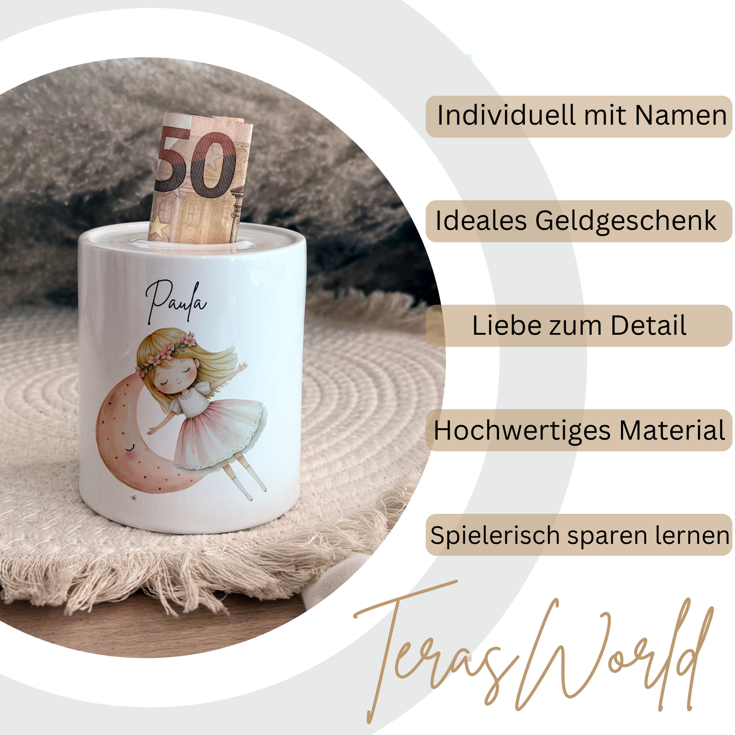 Personalisierte Spardose Kind Geschenk Geburt Taufe Geburtstag Märchenwelt Geldgeschenk Baby Kinder Keramik Sparbüchse Mädchen Fee Märchen