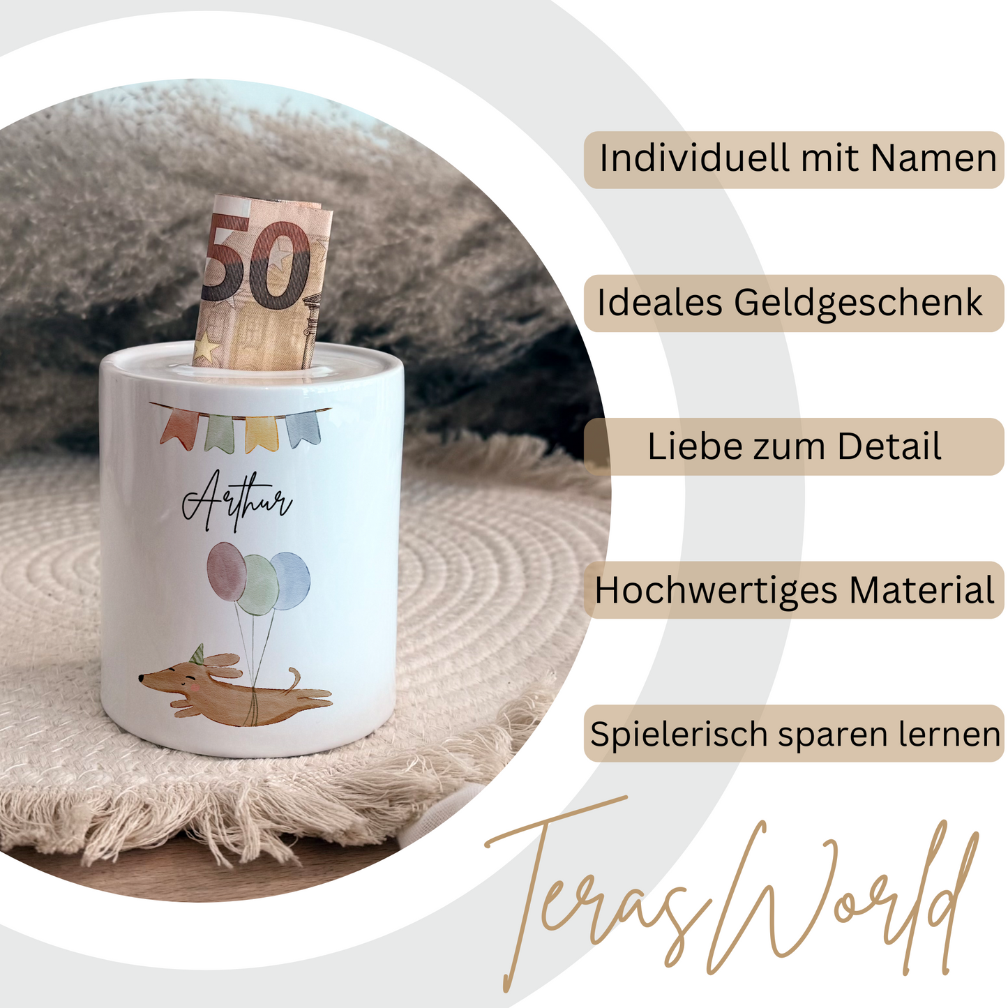 Personalisierte Spardose Kind Geschenk Geburt Taufe Geburtstag Waldtiere Geldgeschenk Baby Kinder Keramik Sparbüchse