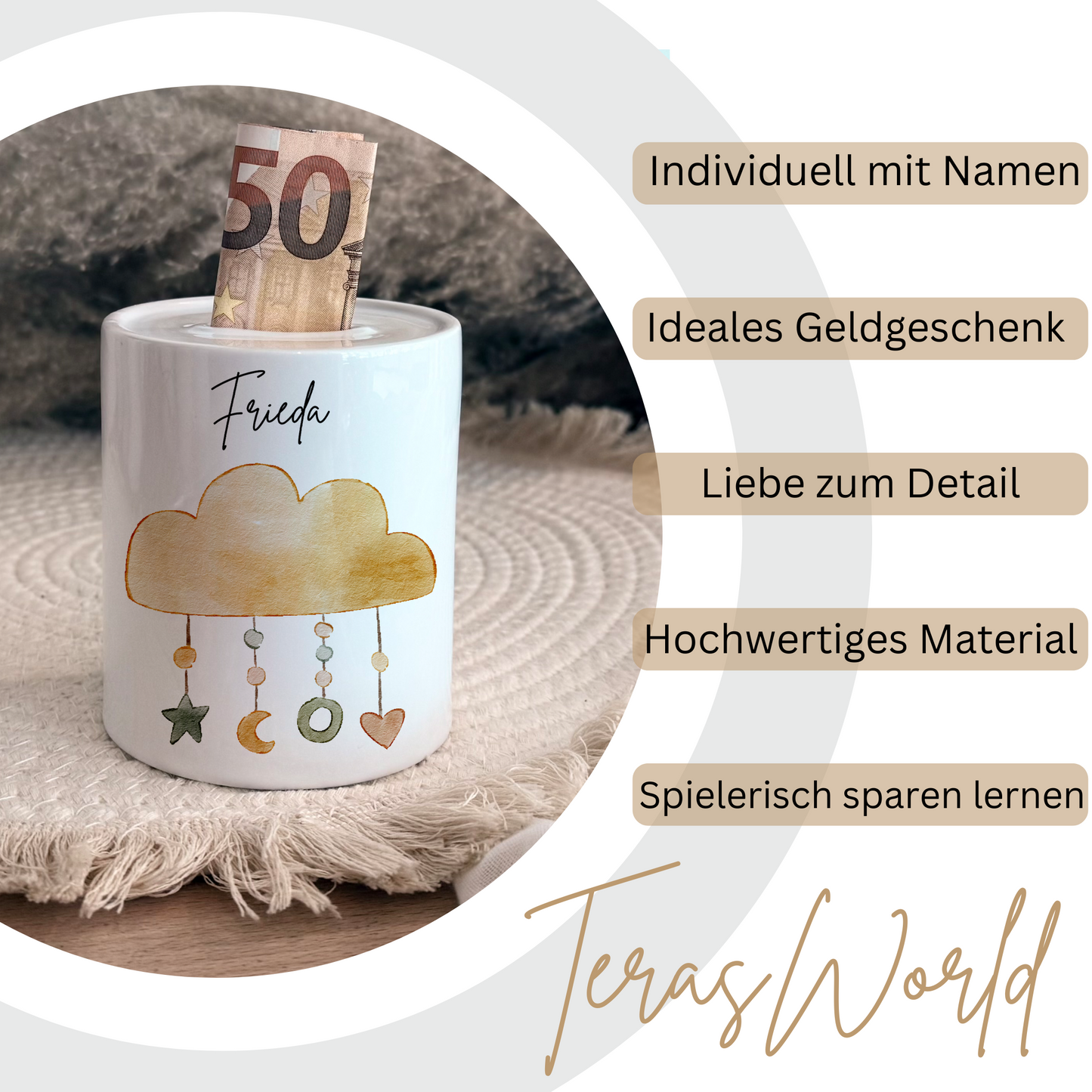 Personalisierte Spardose Kind Geschenk Geburt Taufe Geburtstag Wal Auto Waldtiere Regenbogen Geldgeschenk Baby Kinder Keramik Sparbüchse