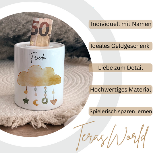 Personalisierte Spardose Kind Geschenk Geburt Taufe Geburtstag Waldtiere Geldgeschenk Baby Kinder Keramik Sparbüchse