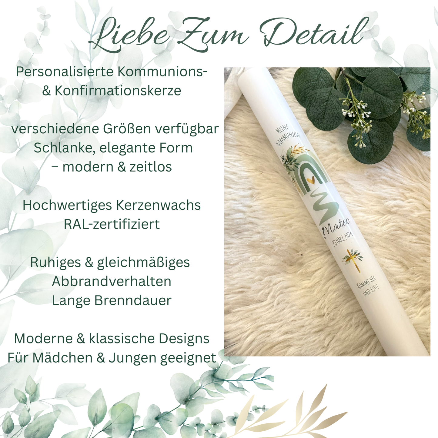 Kommunionskerze Taufkerze personalisiert | Kerze zur Kommunion & Konfirmation Taufe |Für Jungen/ Mädchen Kommunionkerze Patenkerze