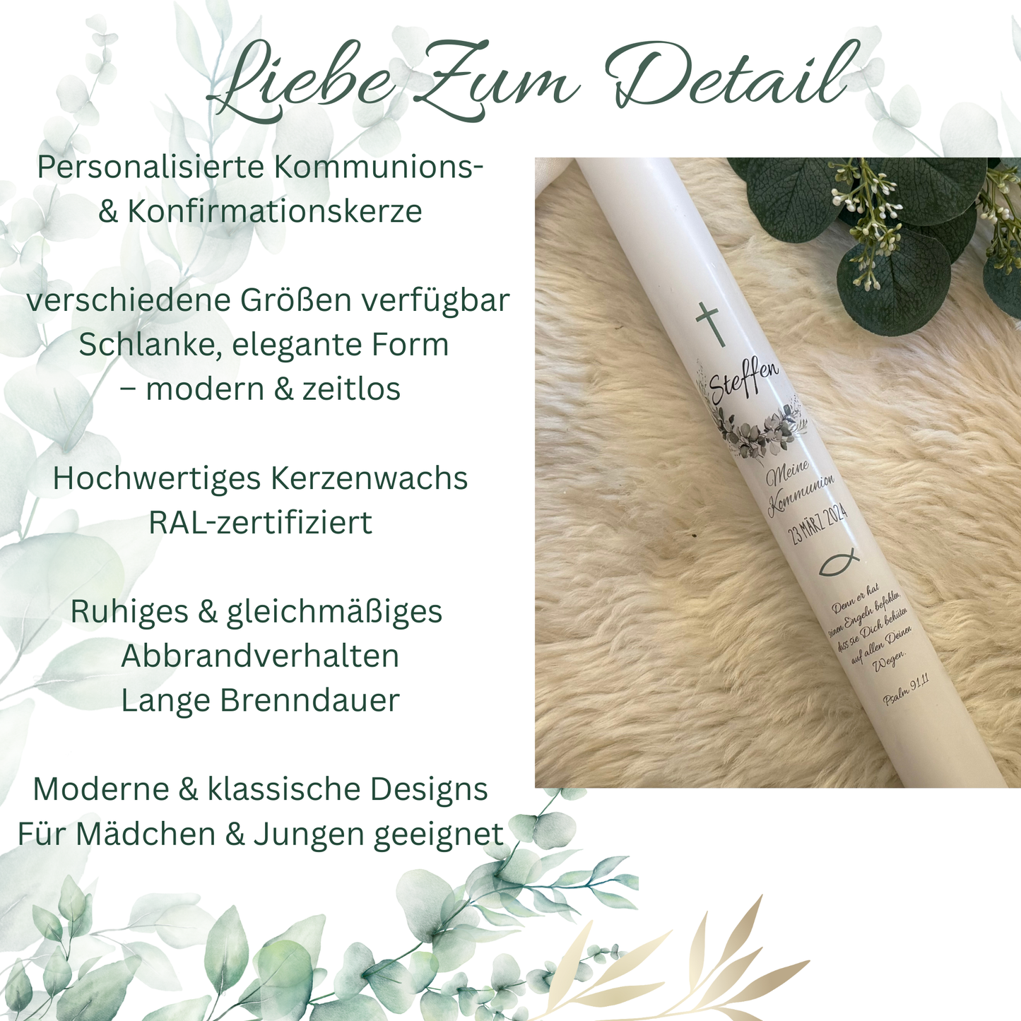 Kommunionskerze Taufkerze Eukalyptus Kranz personalisiert | Kerze zur Kommunion & Konfirmation Taufe |Für Jungen/ Mädchen Kommunionkerze Patenkerze