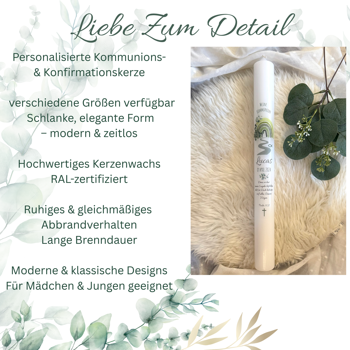 Kommunionskerze Taufkerze Eukalyptus Regenbogen personalisiert | Kerze zur Kommunion & Konfirmation Taufe |Für Jungen/ Mädchen Kommunionkerze Patenkerze